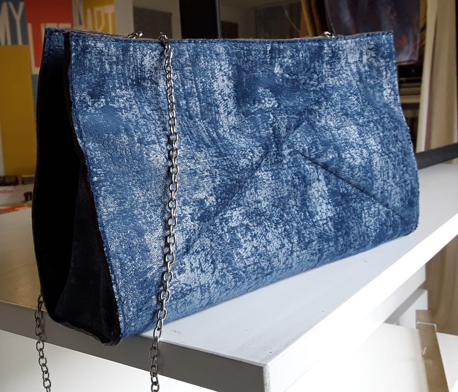 Borsa Velluto Blu Simil Denim - Handmade Eco Shoulder Bag, Unique Piece, Made in Italy, Stylish & Sustainable Fashion Accessory