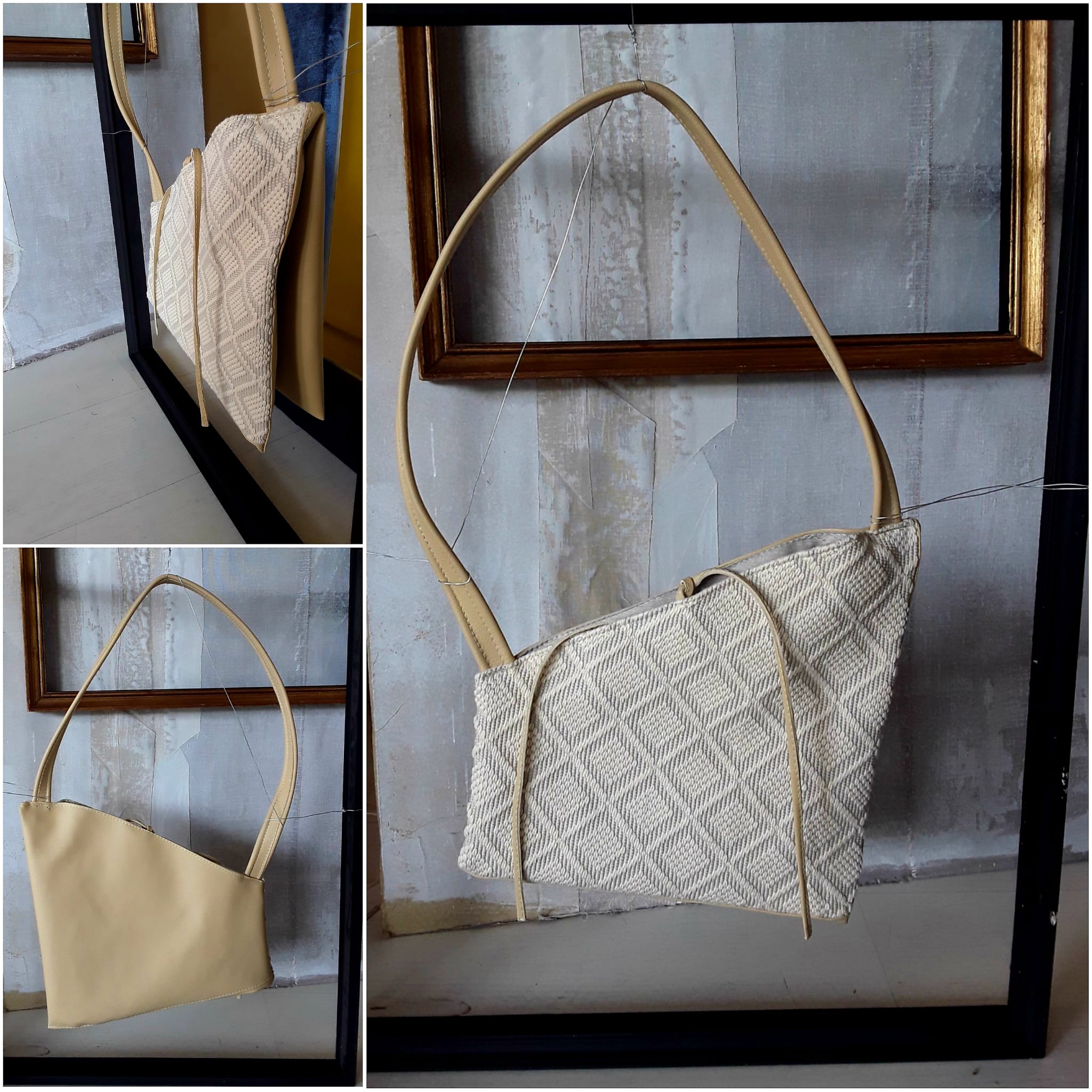 Geometric shoulder bag , beige and white with rombo fantasy, unique piece , made in italy in perugia , by artisan, ecopelle beige e bianca
