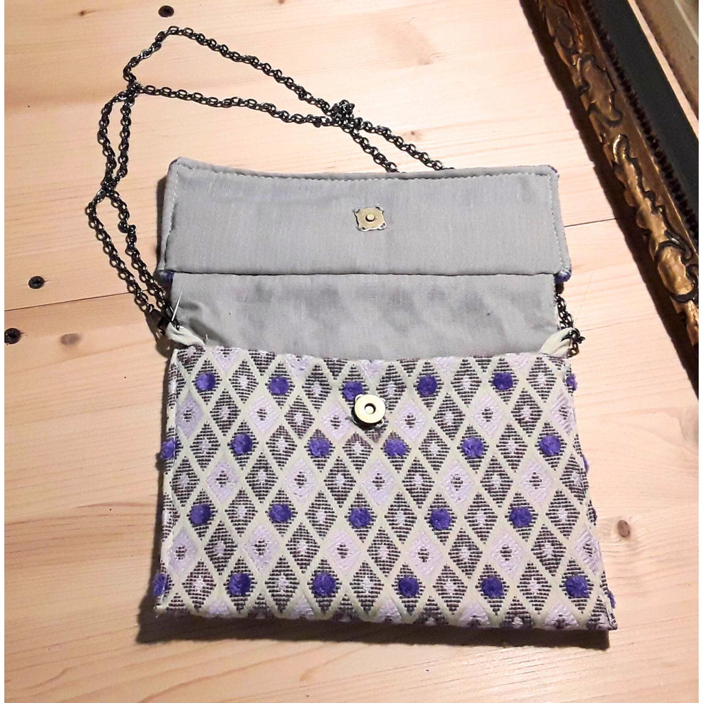 Borsetta in velluto: elegante borsa artigianale viola, pezzo unico, foderata in tessuto Rombetti, made in Italy